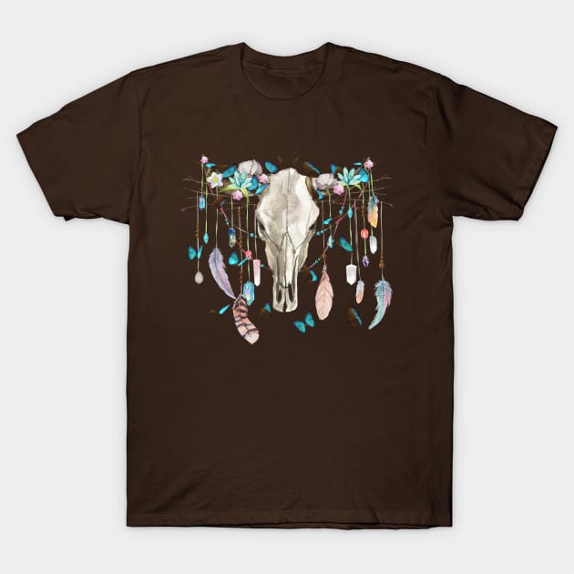 Butterflies Crystals And Flowers On A Cow Skull T-Shirt by LittleBunnySunshine